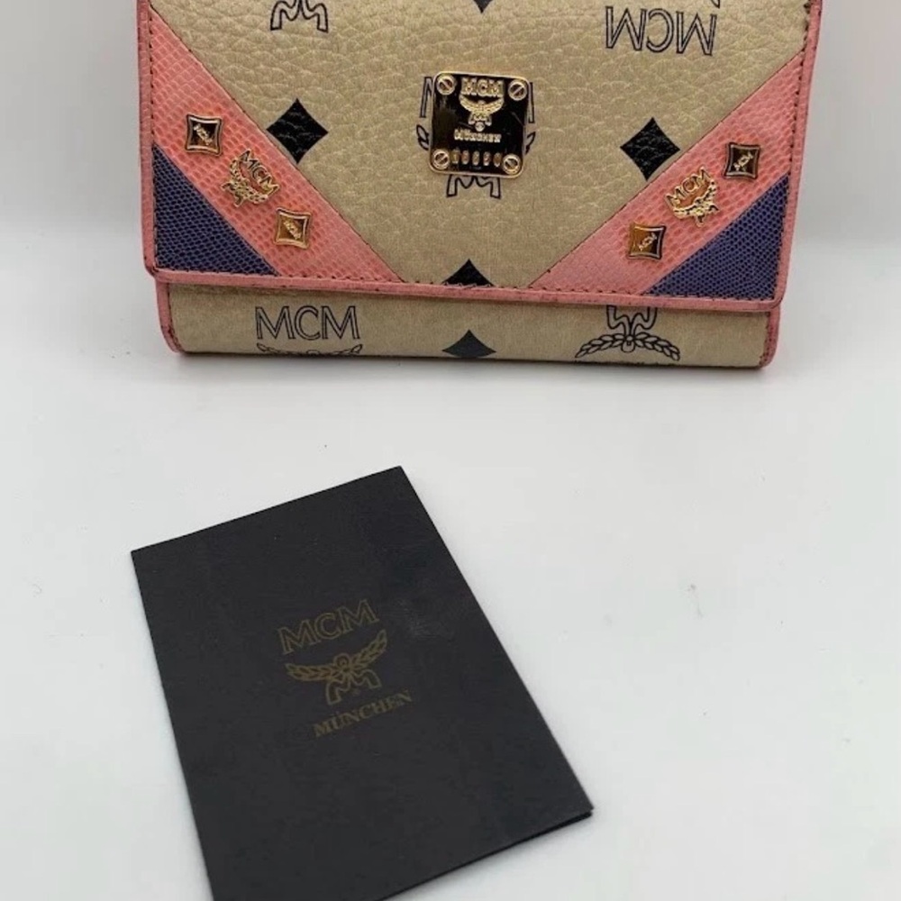 MCM Beige Visetos Wallet with Pink and Navy Accents